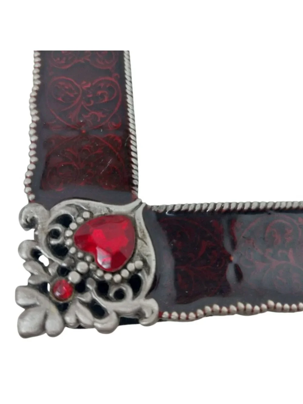 Vintage Enamel Picture Frame Red Silver Ornate Heart Filigree Gem Accents 5x3